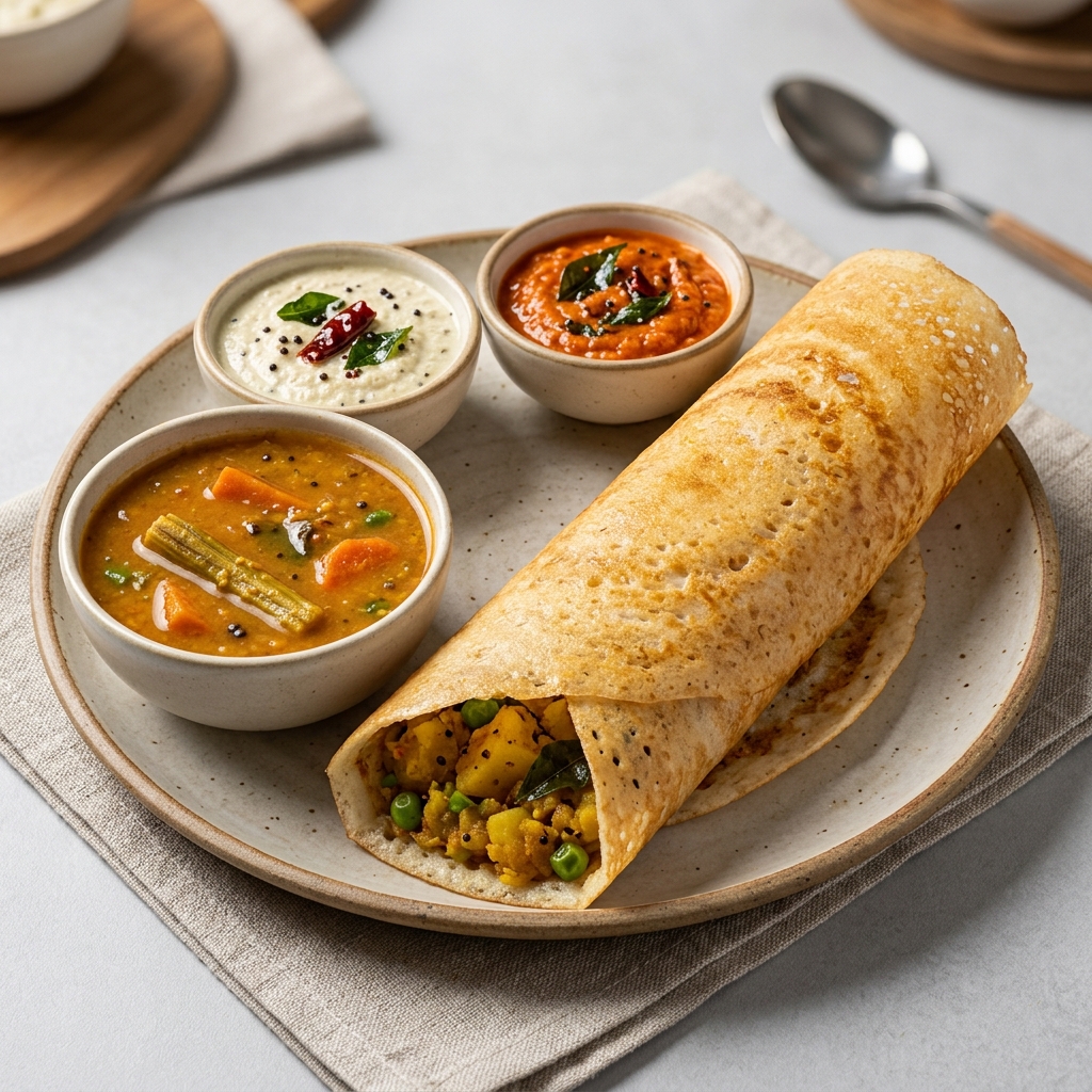 Masala Dosa with Sambar & Chutney