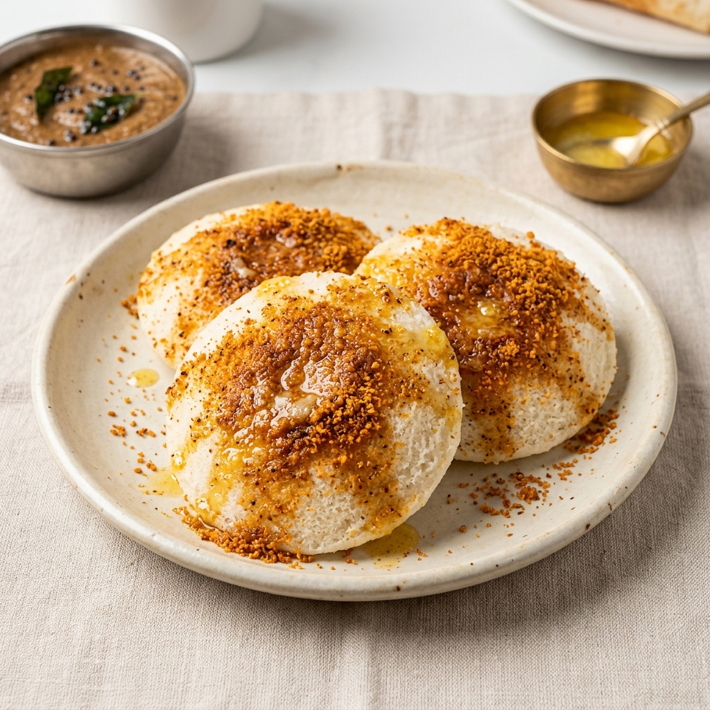 Ghee Podi Idli (3 pcs) - Soft Steamed with Spiced Podi