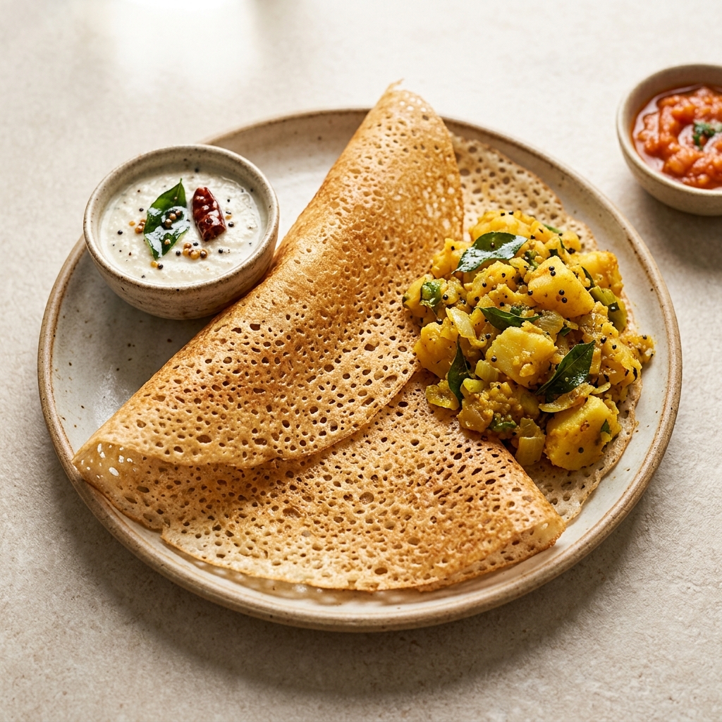 Rava Dosa (Crispy Wheat) with Potato Masala