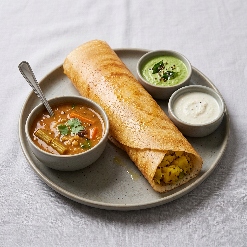 Masala Dosa with Sambar &amp; Chutney - Crispy Golden