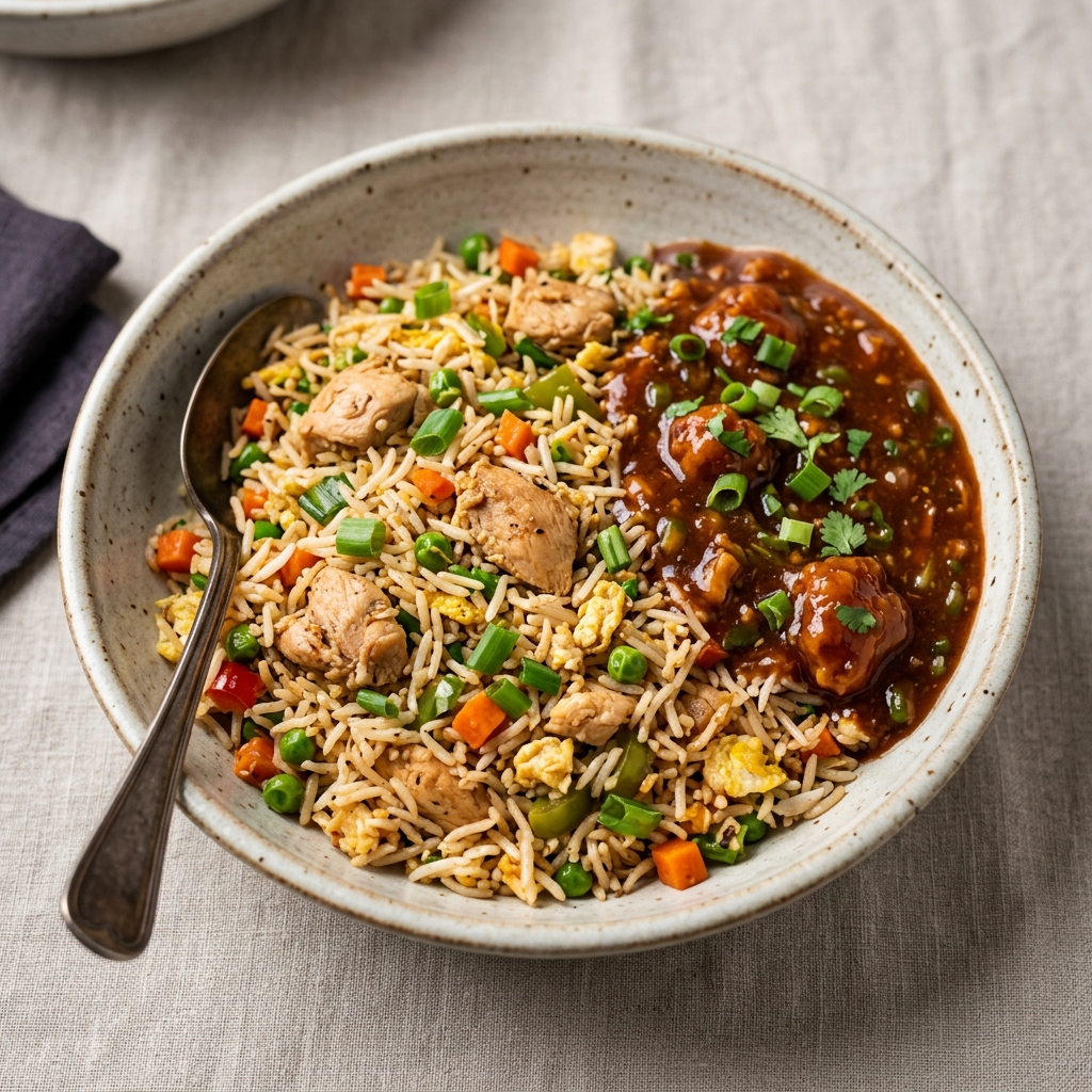 Chicken Fried Rice with Gravy - Indo Chinese Fusion