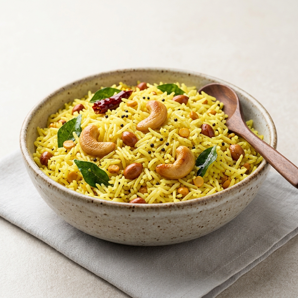 Lemon Rice - Tangy Temple Style with Cashews