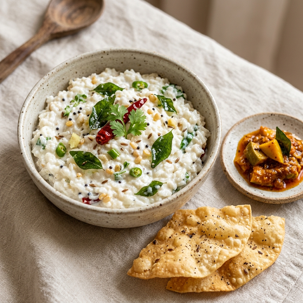 Curd Rice with Pickle & Papadum - Cooling Meal