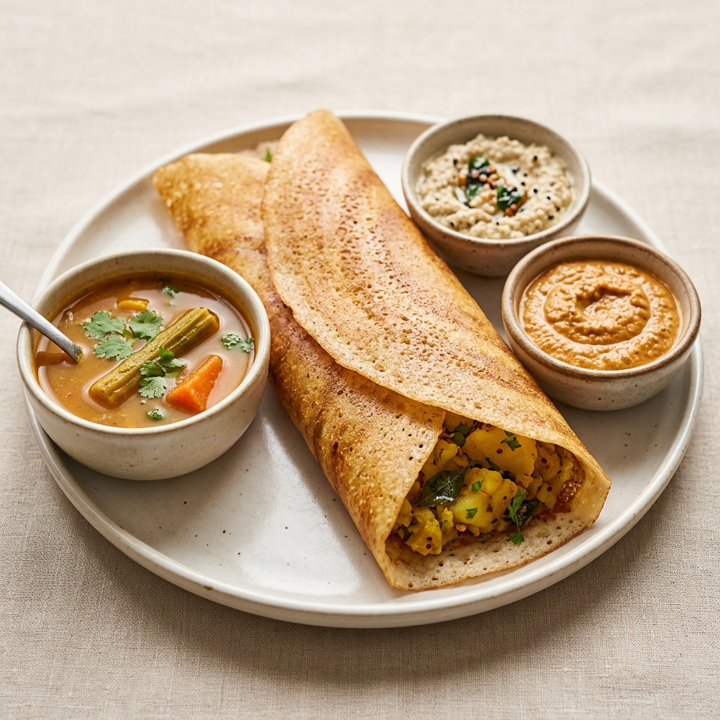 Masala Dosa with Sambar & Chutney - Crispy Special