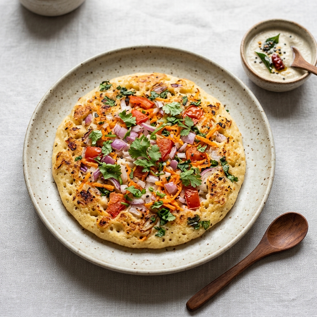 Vegetable Uttapam - Thick Rice Pancake with Toppings