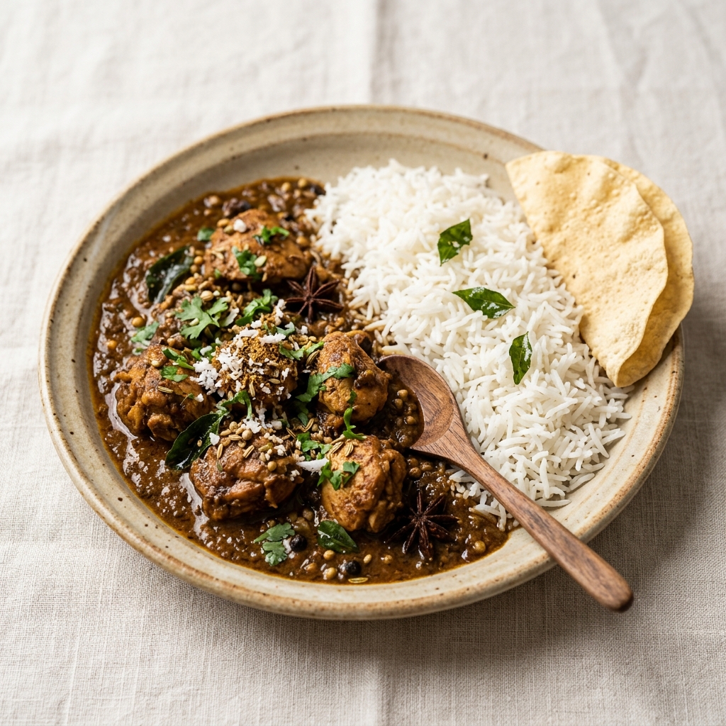 Chicken Chettinad Curry with Steamed Rice - Full Meal