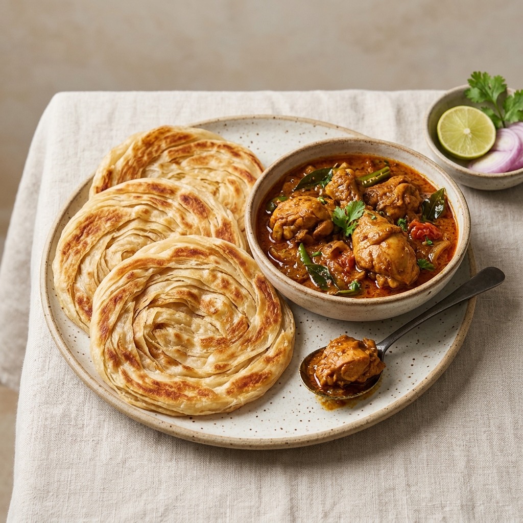 Parotta with Chicken Curry - Flaky Layered Combo