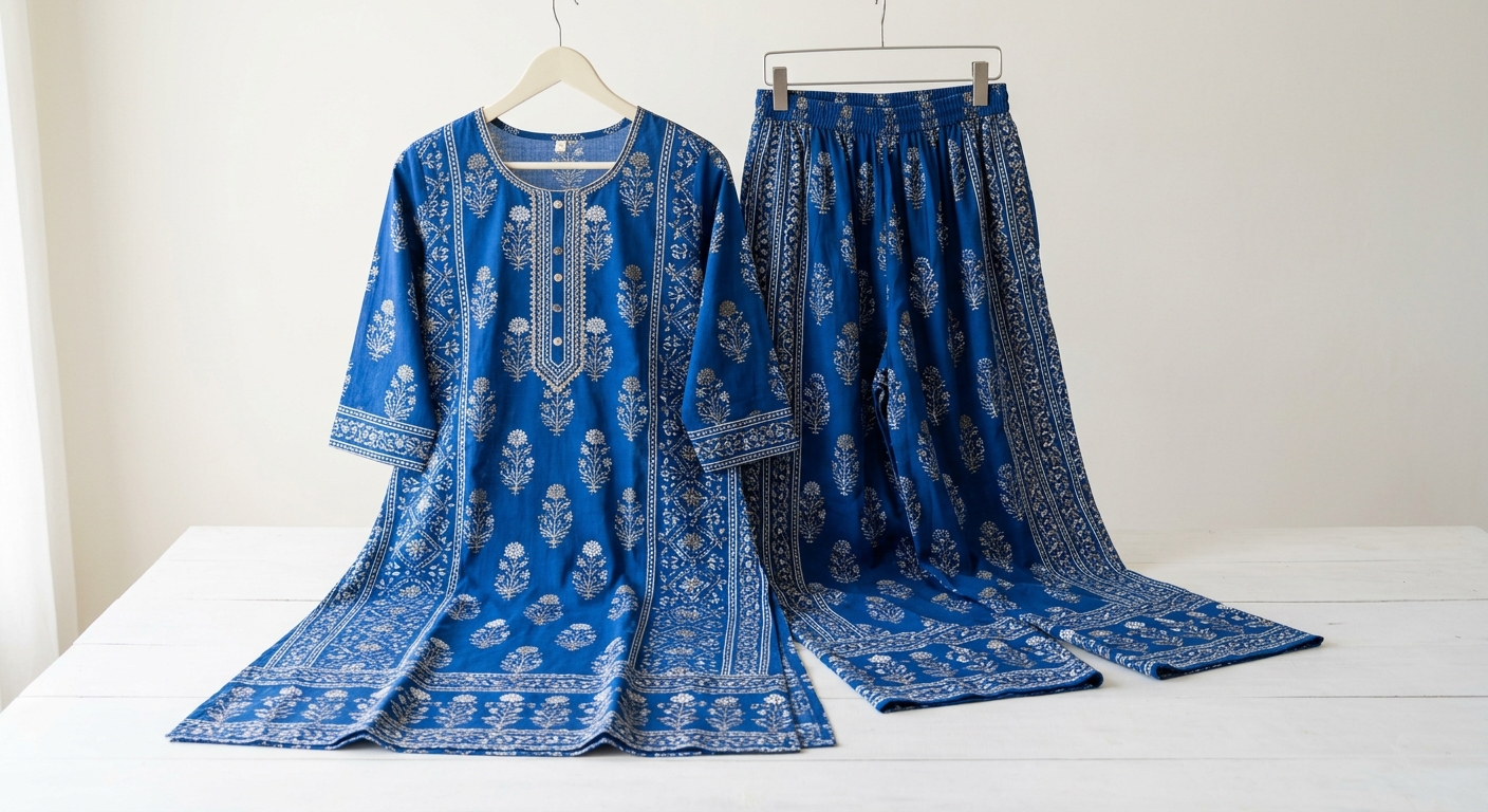 Women's Ethnic Kurti Set - Royal Blue Printed Cotton