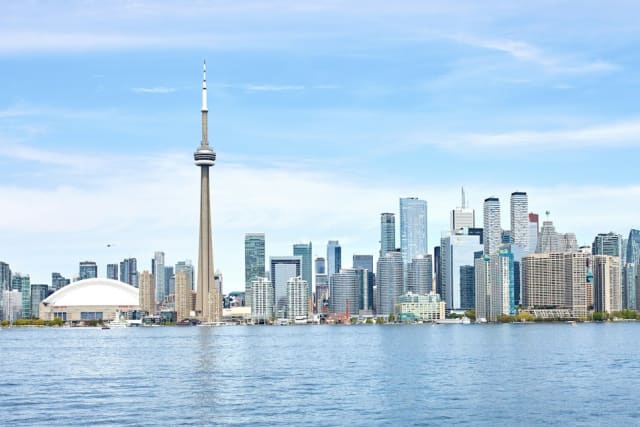 Toronto skyline and CN Tower across Lake Ontario, Canada