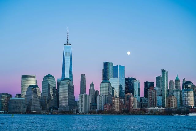 New York City skyline across the water at night