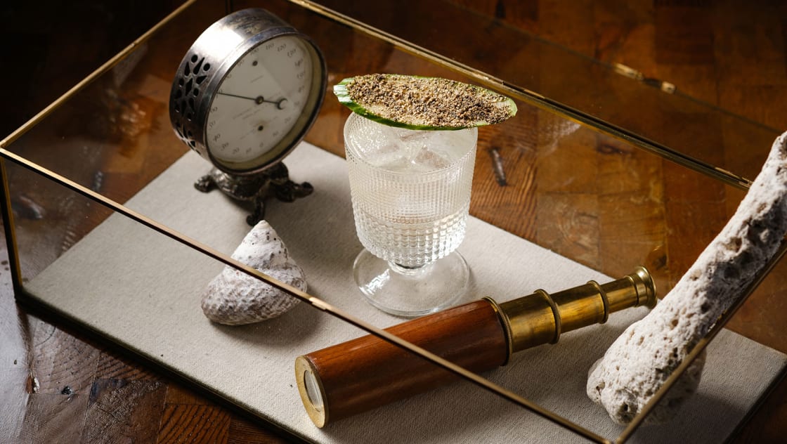 Craft cocktail in beach-inspired shadow box