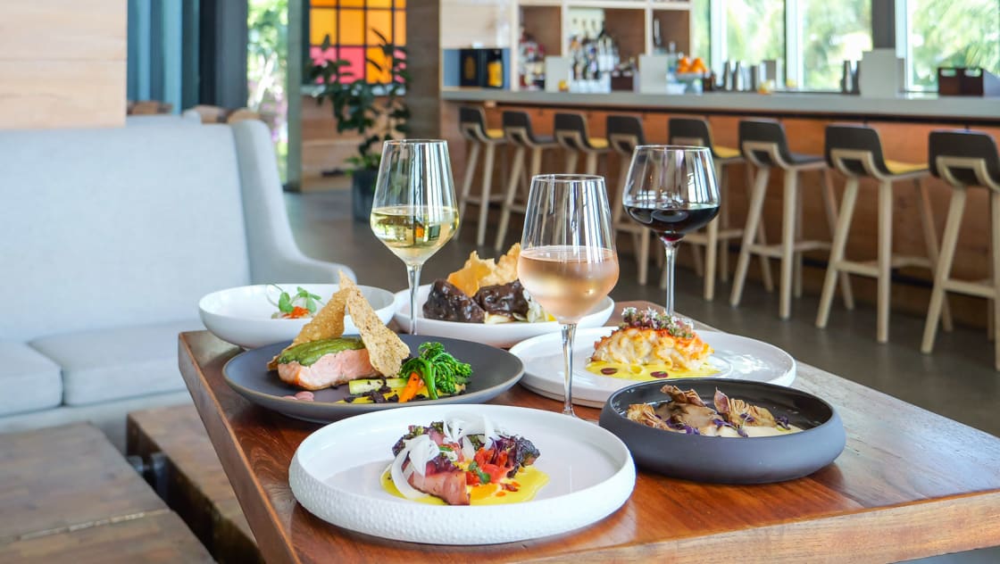 Ave spread of dishes and wine with bar background