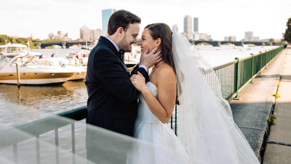 bride and groom embracing