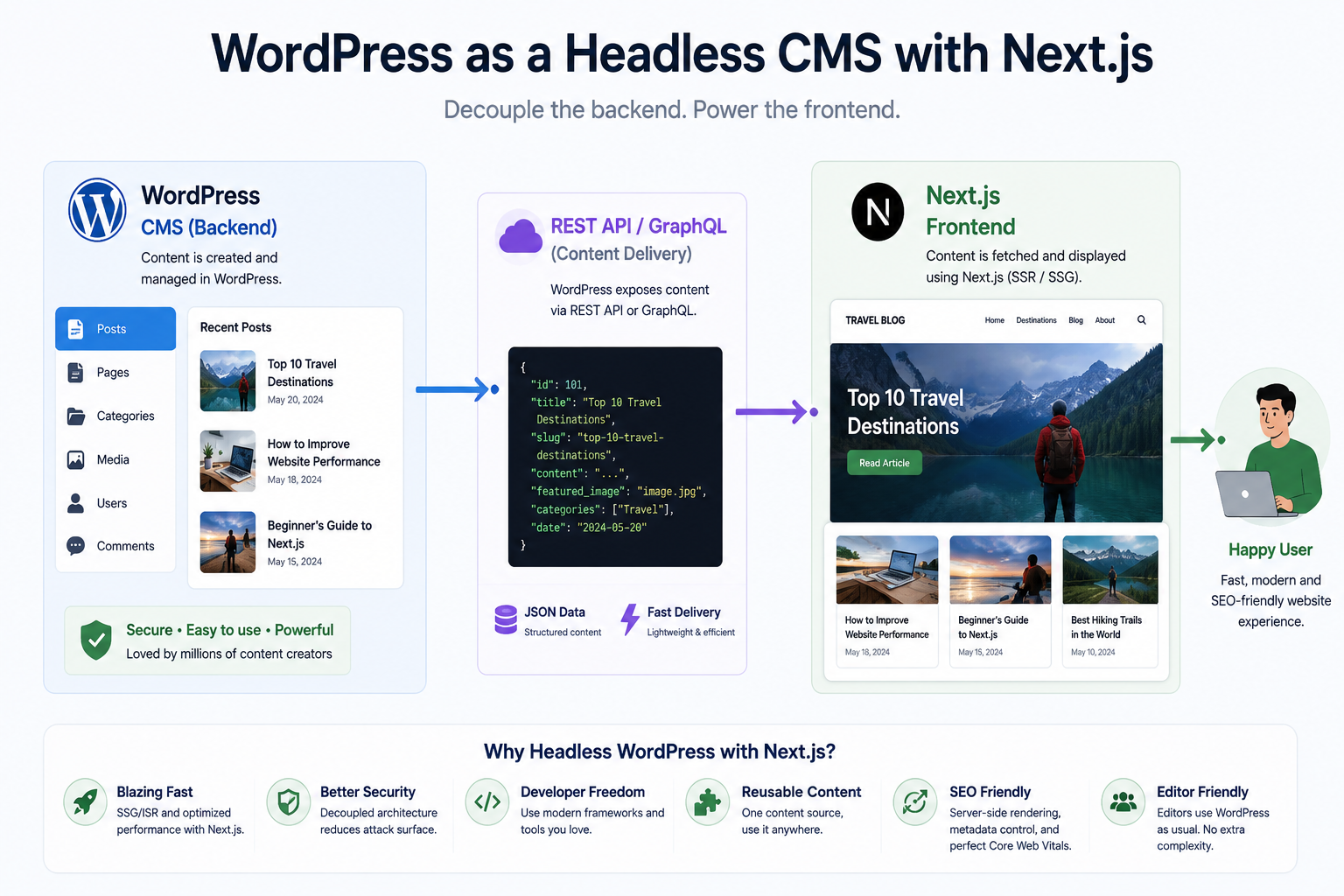 WordPress headless CMS connected to a Next.js frontend through an API