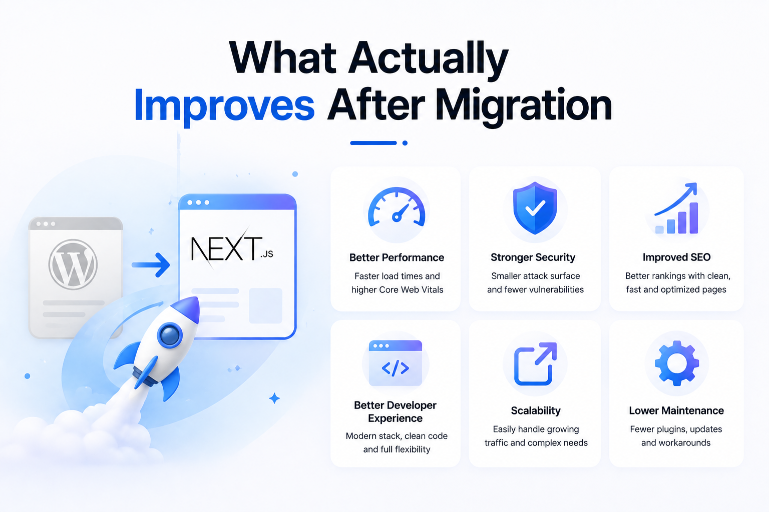 Benefits of migrating from WordPress to Next.js including performance, security, SEO, scalability, and maintenance