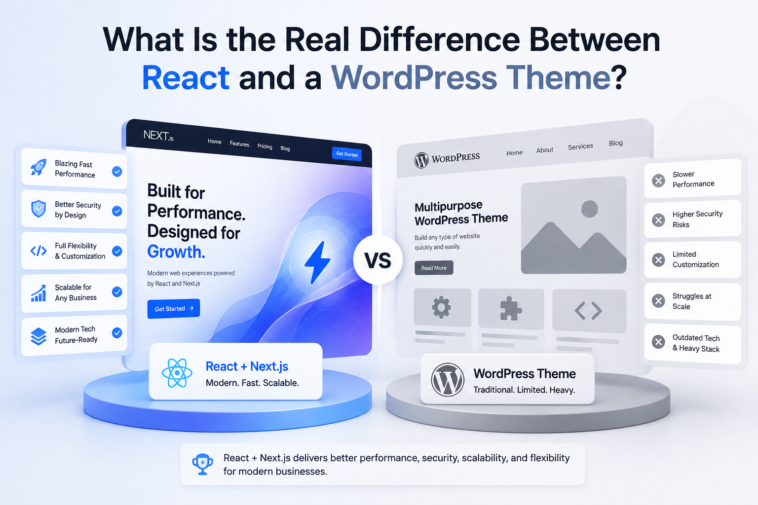 React and Next.js compared with a traditional WordPress theme for performance, flexibility, security, and scalability