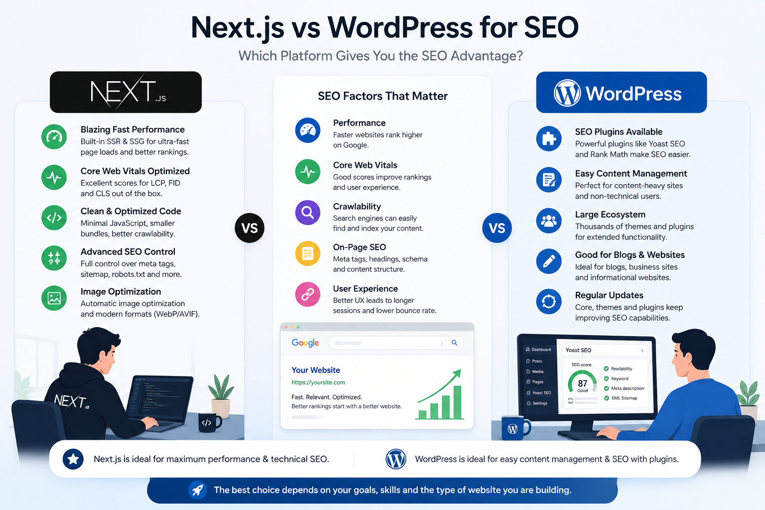 React vs WordPress SEO comparison showing performance, technical SEO, and search optimization
