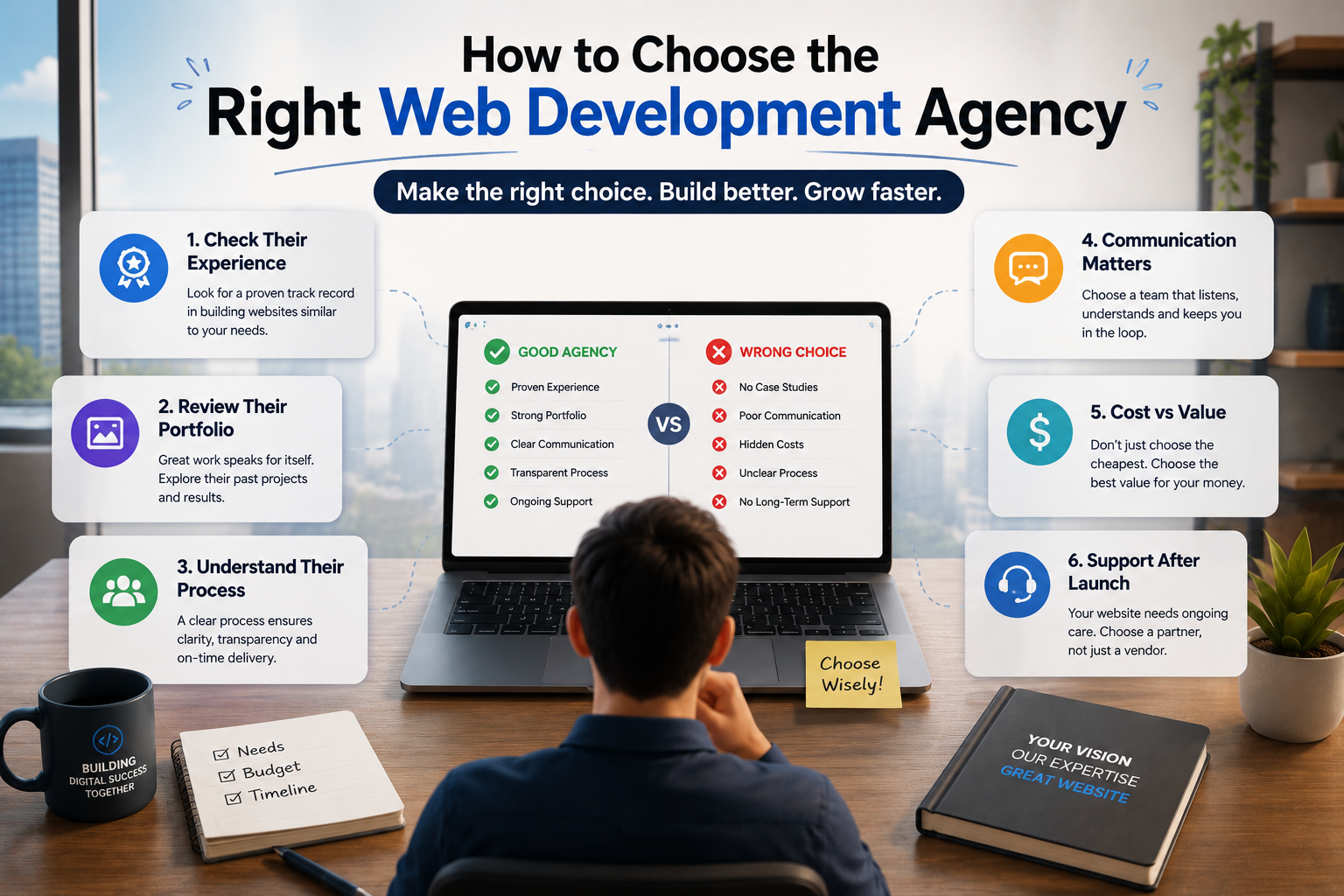 How to choose a web development agency based on experience, portfolio, process, communication, cost, and support