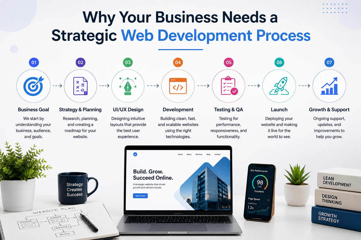 Strategic web development process showing business goals, planning, UI/UX design, development, testing, launch, and ongoing growth