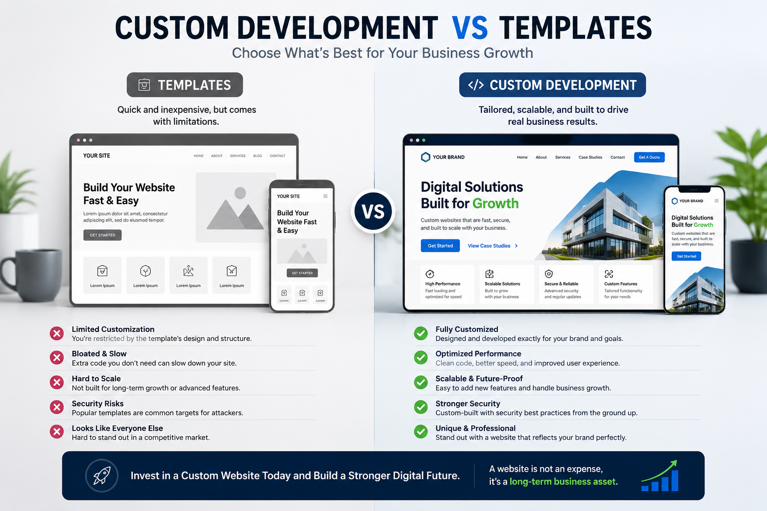 Custom Development vs Templates Custom website development vs templates comparison showing customization, performance, scalability, security, and business growth benefits
