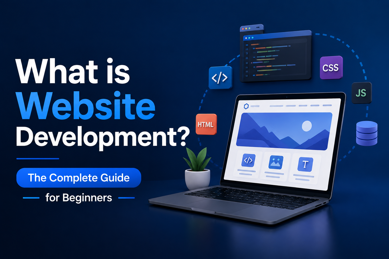 Website development for beginners showing a modern website, code, frontend, backend, and essential web technologies