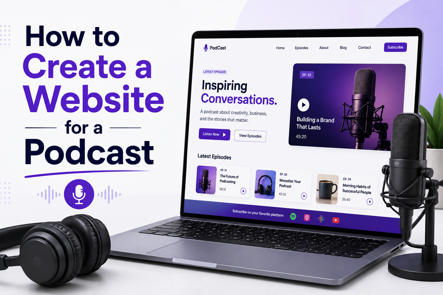 How to Create a Website for a Podcast Podcast website design showing a modern podcast homepage with episodes, audio content, subscription options, and a microphone