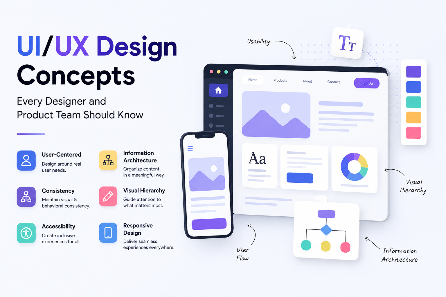UI/UX design concepts showing user-centered design, accessibility, visual hierarchy, information architecture, consistency, and responsive design
