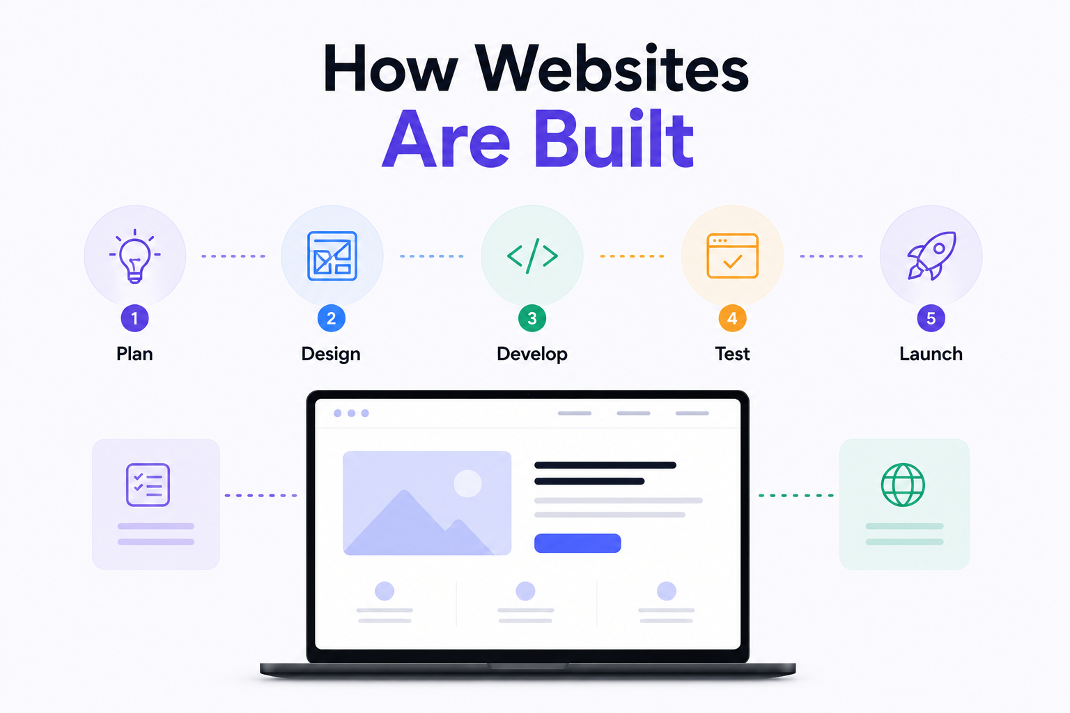 Website development process showing the five stages of planning, design, development, testing, and launch
