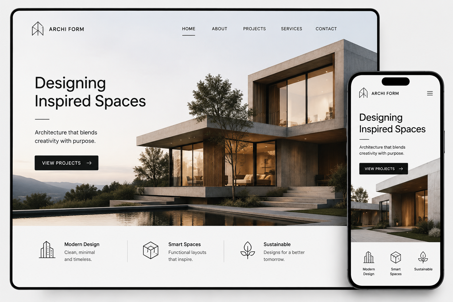 Architecture firm website design displayed on desktop and mobile screens with a modern building portfolio