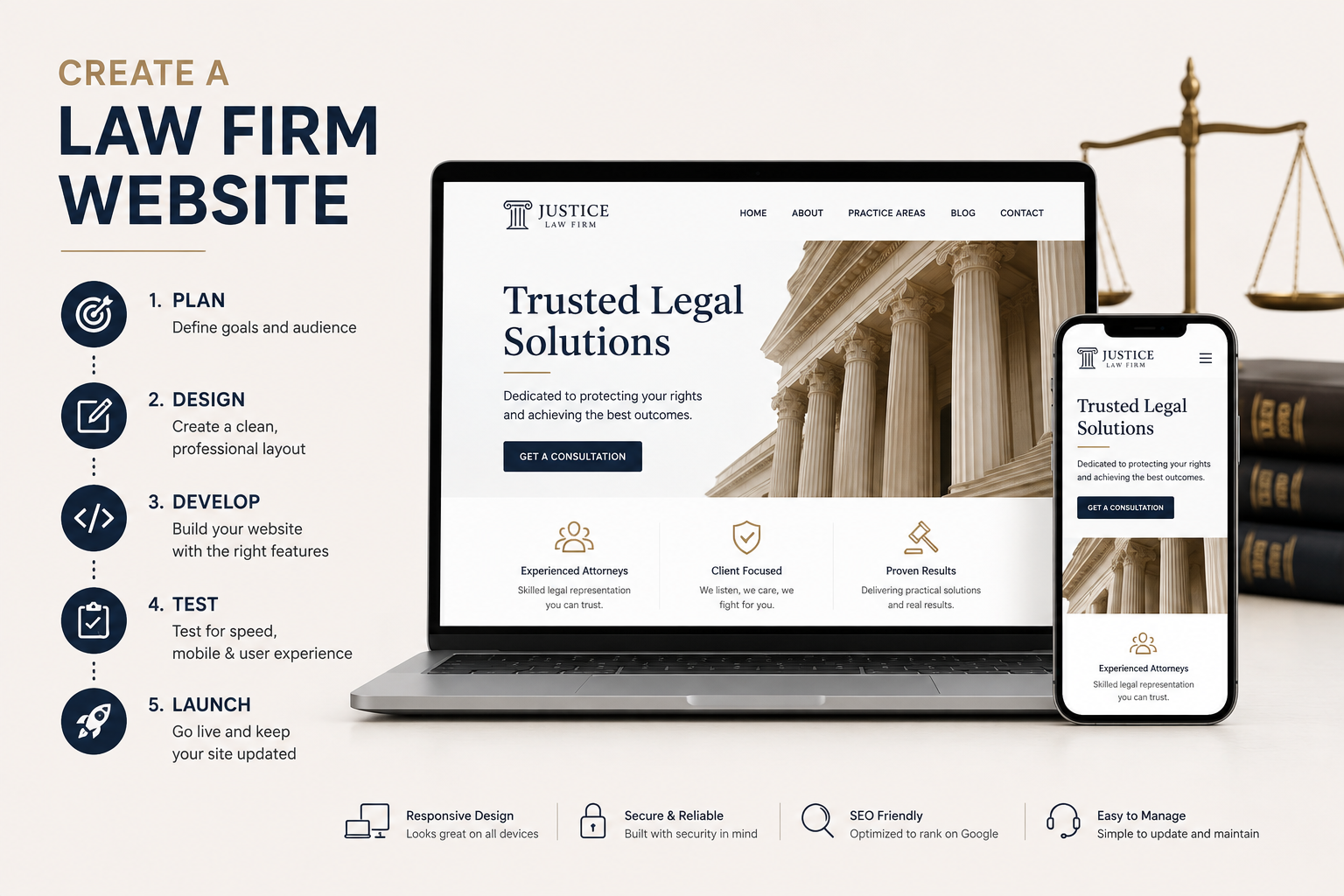 Law firm website creation process showing planning, design, development, testing, and launch on desktop and mobile