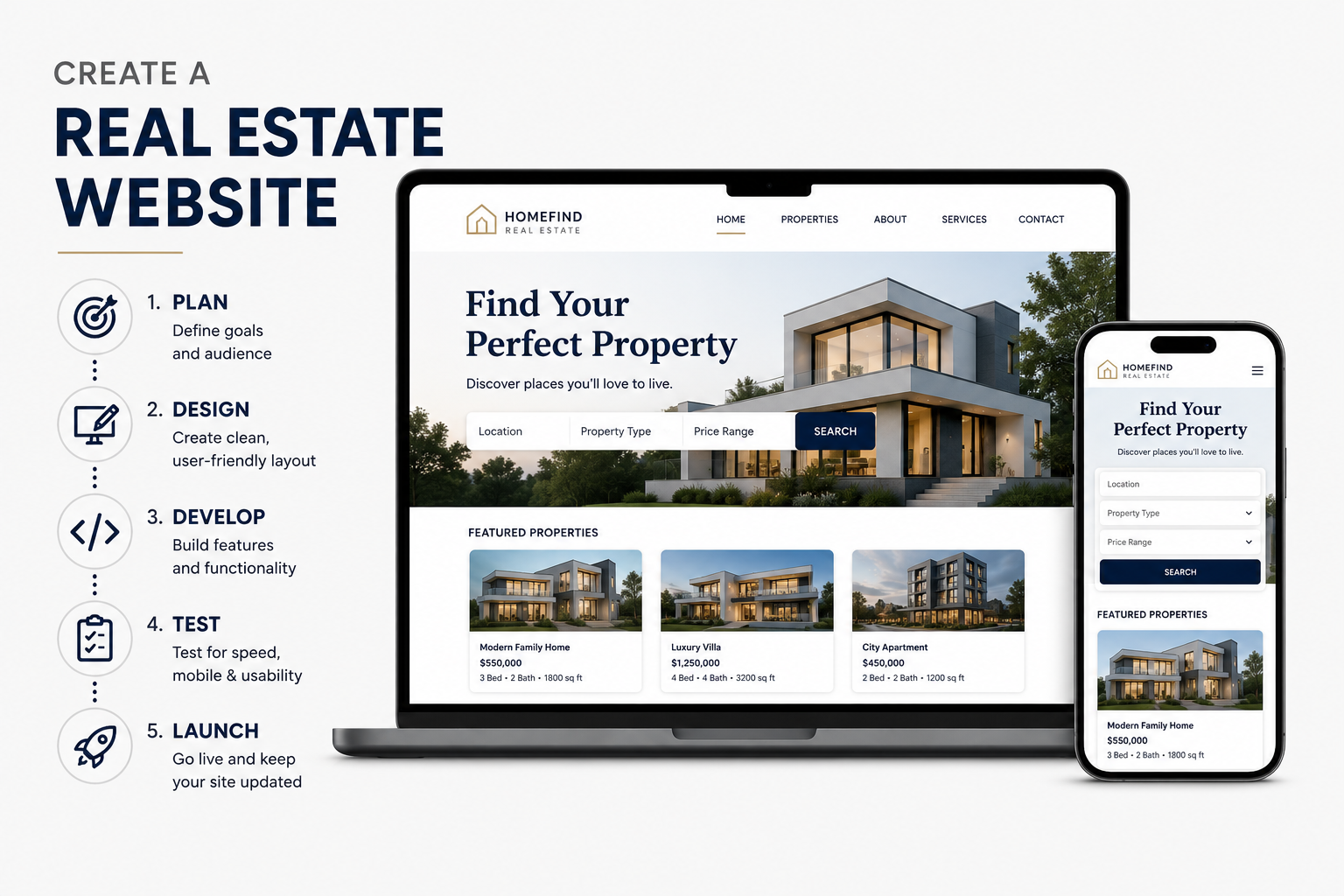 How to Create a Real Estate Website Real estate website creation process showing planning, design, development, testing, and launch with property listings on desktop and mobile