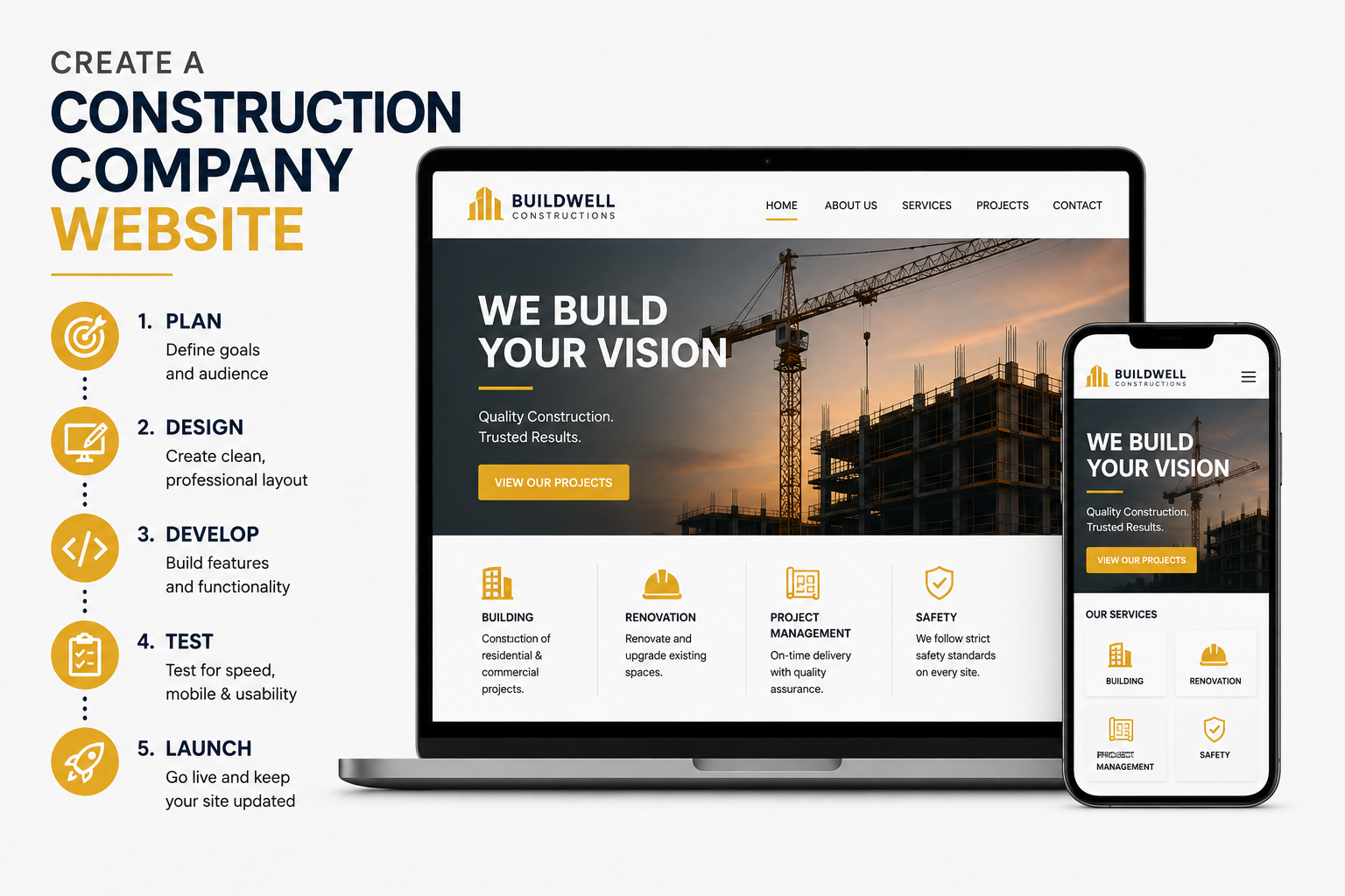 How to Create a Construction Company Website Construction company website creation process showing planning, design, development, testing, and launch on desktop and mobile