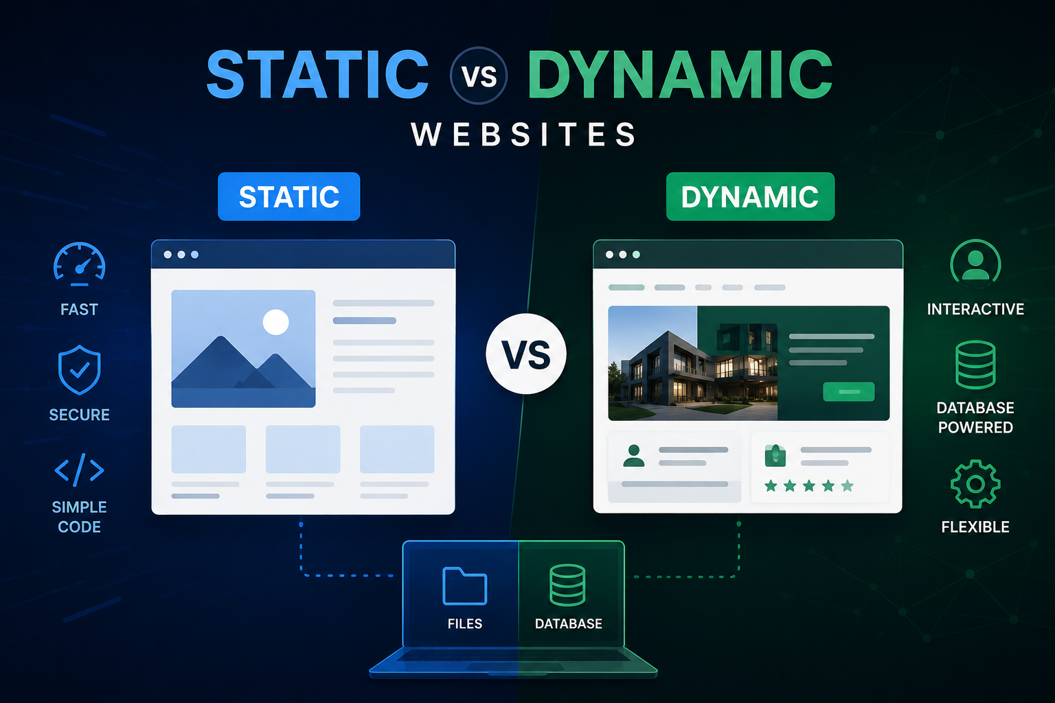 Static Websites vs Dynamic Websites Static vs dynamic websites comparison showing speed, security, code, database, interactivity, and flexibility