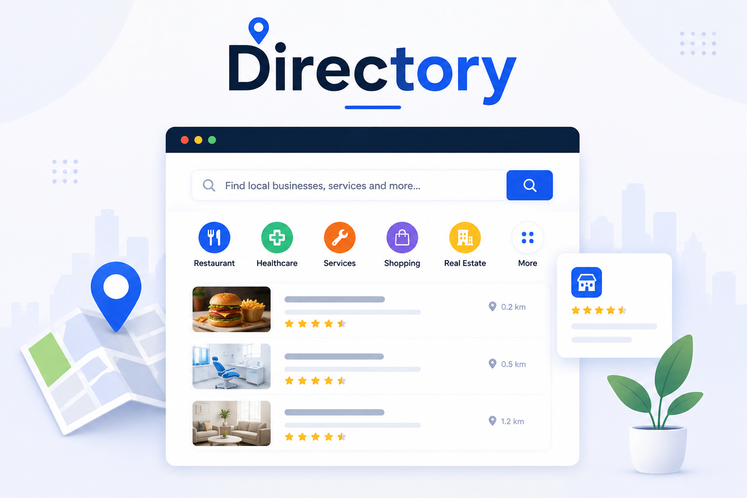 Directory website showing searchable business listings, categories, ratings, locations, and local services