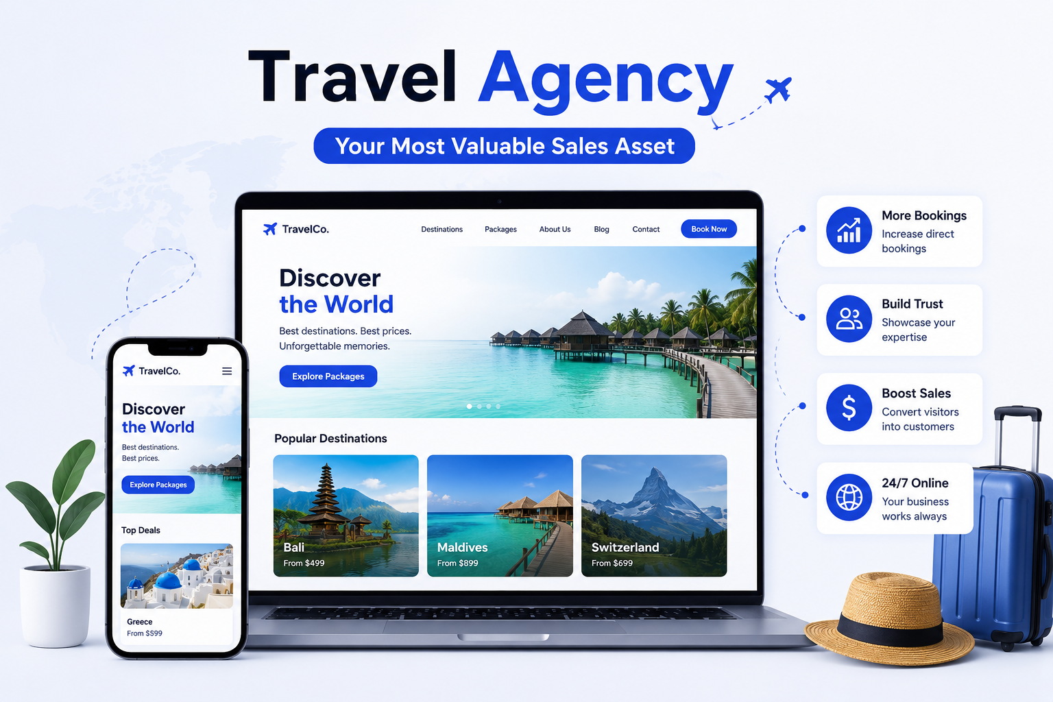 Why a Travel Agency Website Is Your Most Valuable Sales Asset Travel agency website showing destination packages, online bookings, customer trust, and sales growth