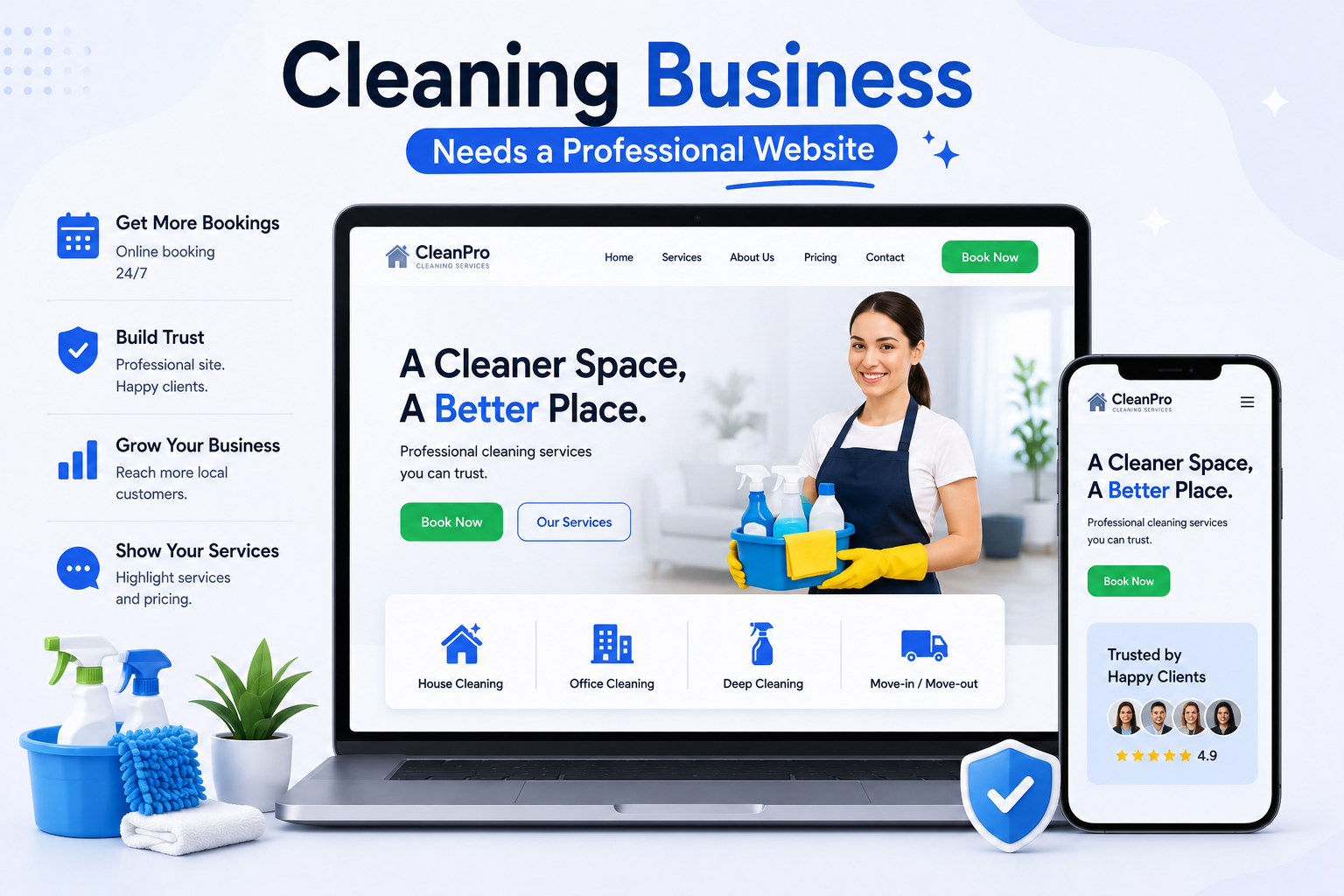 Why Your Cleaning Business Needs a Professional Website Professional cleaning business website showing online bookings, cleaning services, customer trust, and business growth