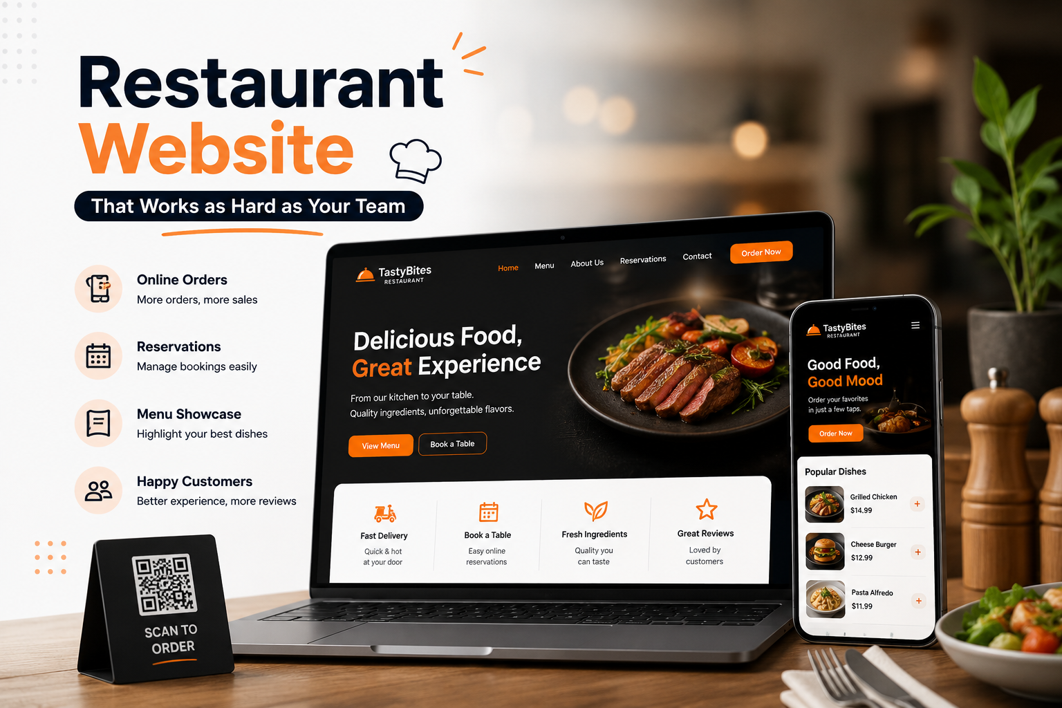 Why Every Restaurant Needs a Website That Works as Hard as Your Team Restaurant website showing online ordering, reservations, menu showcase, delivery, and customer reviews