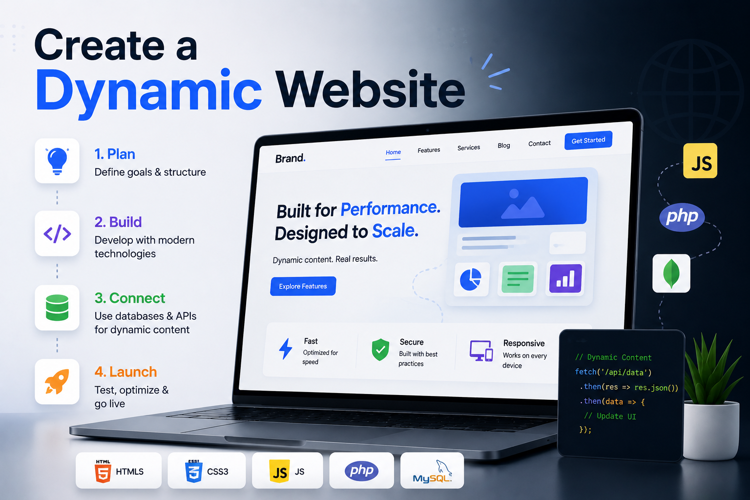 How to Create a Dynamic Website Dynamic website development showing planning, design, development, testing, launch, responsive design, SEO, and dynamic content