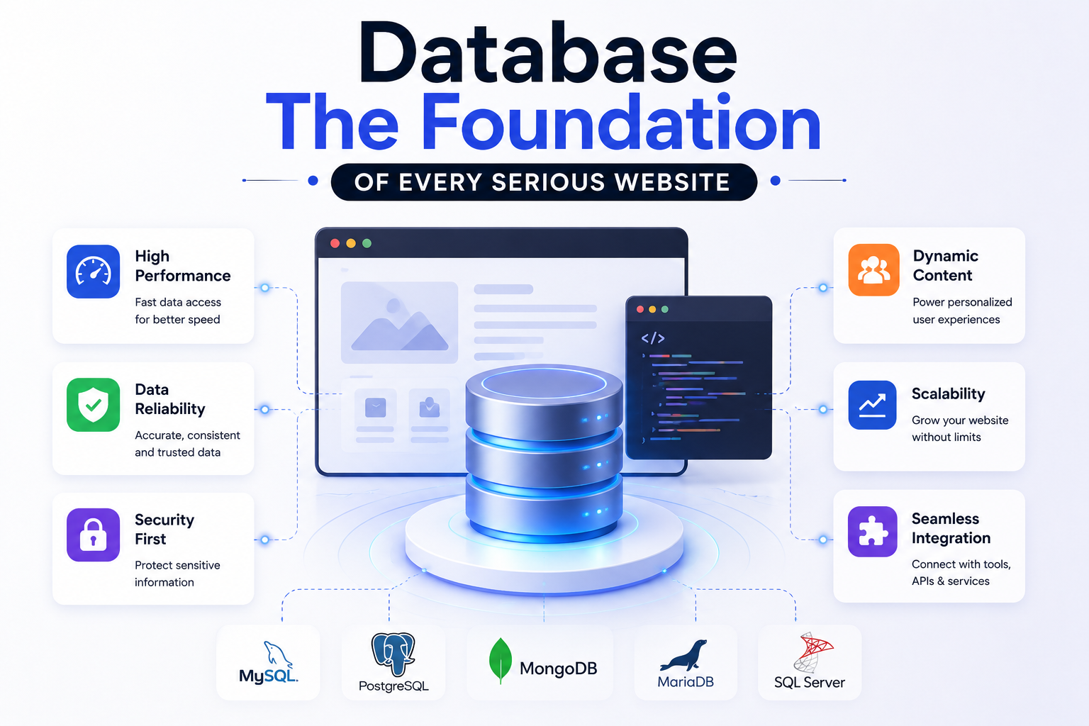 Why a Database Is the Foundation of Every Serious Website Website database showing secure data storage, dynamic content, high performance, scalability, and seamless integrations