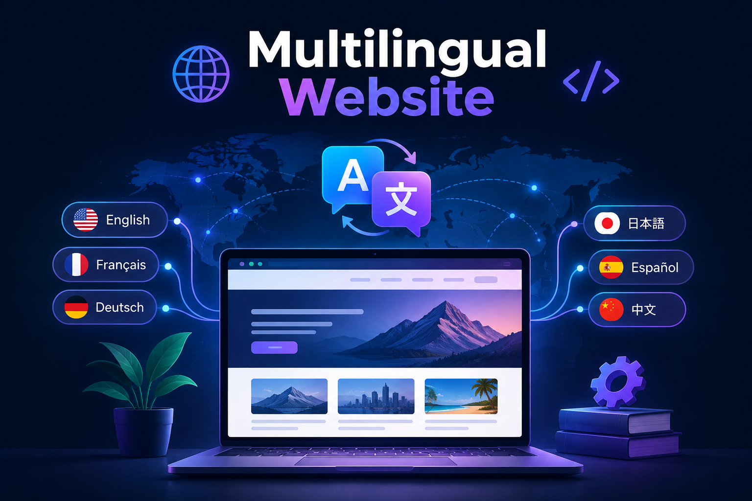 Multilingual Website Professional multilingual website design with language options and translation icons