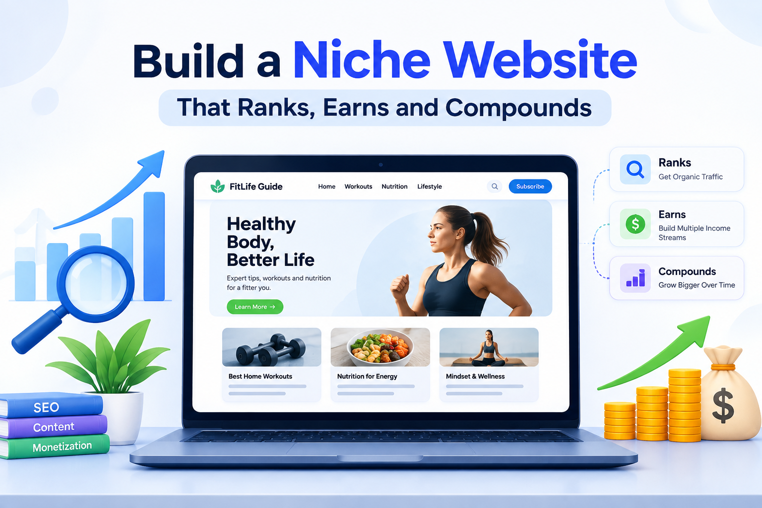 How to Create a Niche Website That Ranks, Earns, and Compounds Niche website showing SEO traffic growth, content, monetization, and compounding business growth