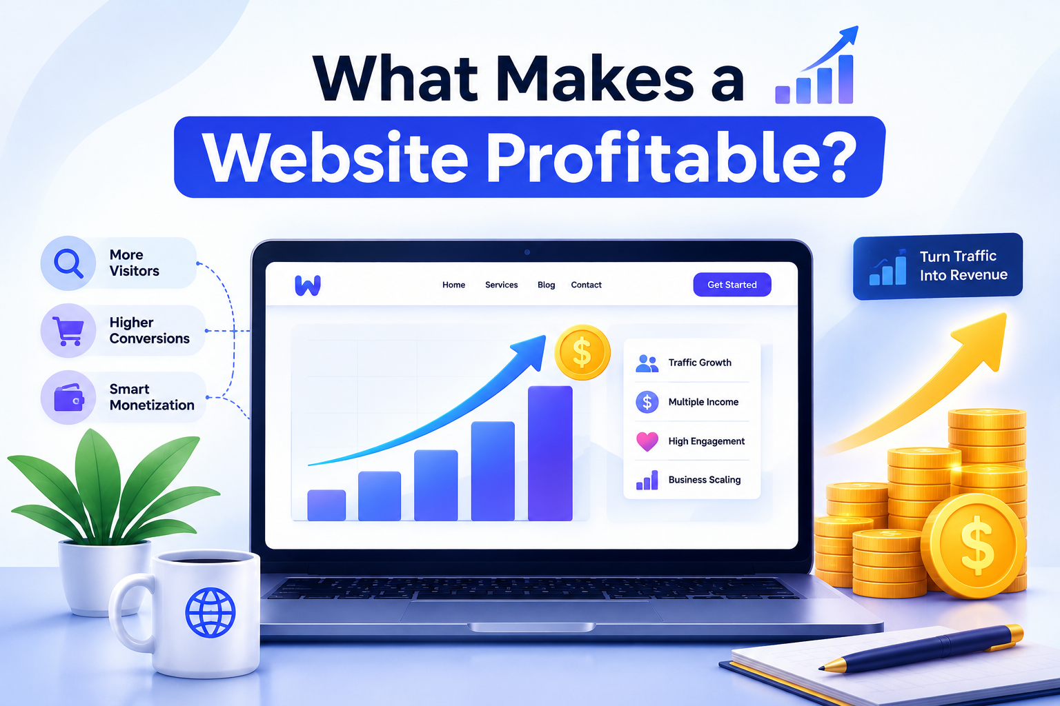 What Makes a Website Profitable? Profitable website showing traffic growth, higher conversions, smart monetization, and increased revenue