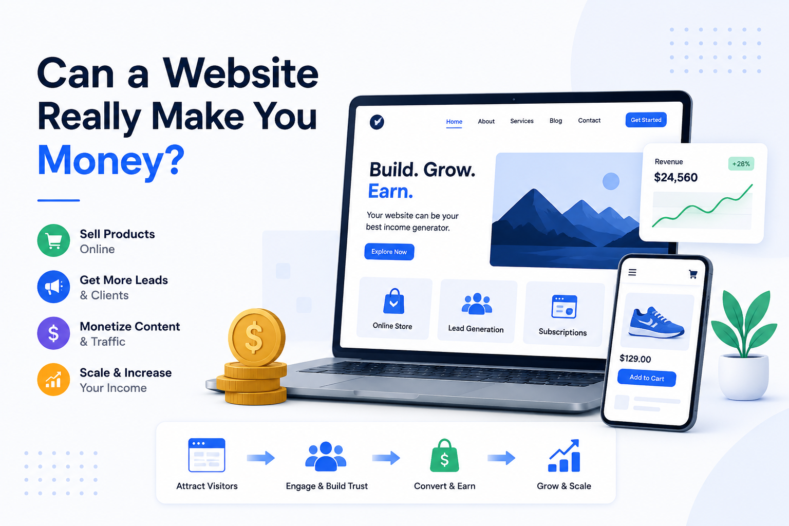 Can a Website Really Make You Money? Website showing online sales, lead generation, content monetization, and revenue growth
