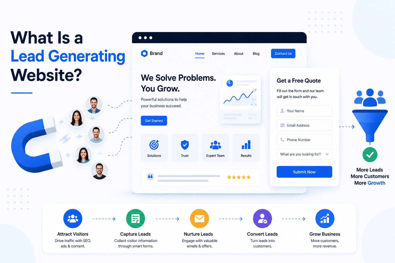 What Is a Lead Generating Website? Lead generating website showing visitor capture, contact forms, lead nurturing, conversions, and business growth