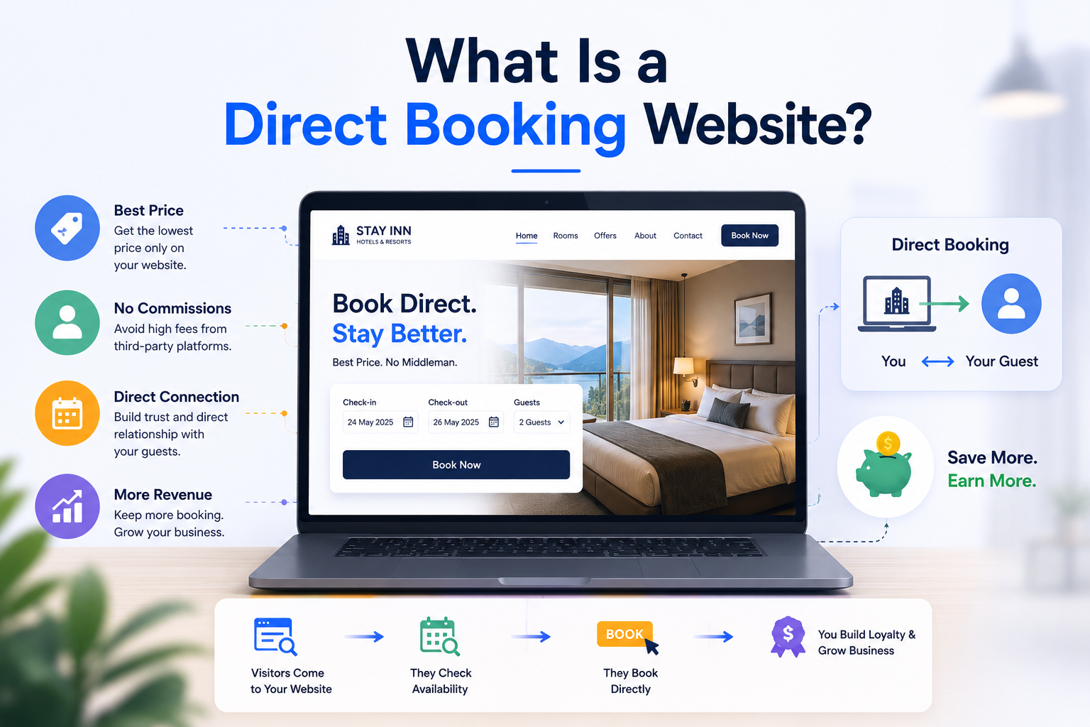 What Is a Direct Booking Website? Direct booking website showing hotel reservations, direct guest connections, commission savings, and increased revenue
