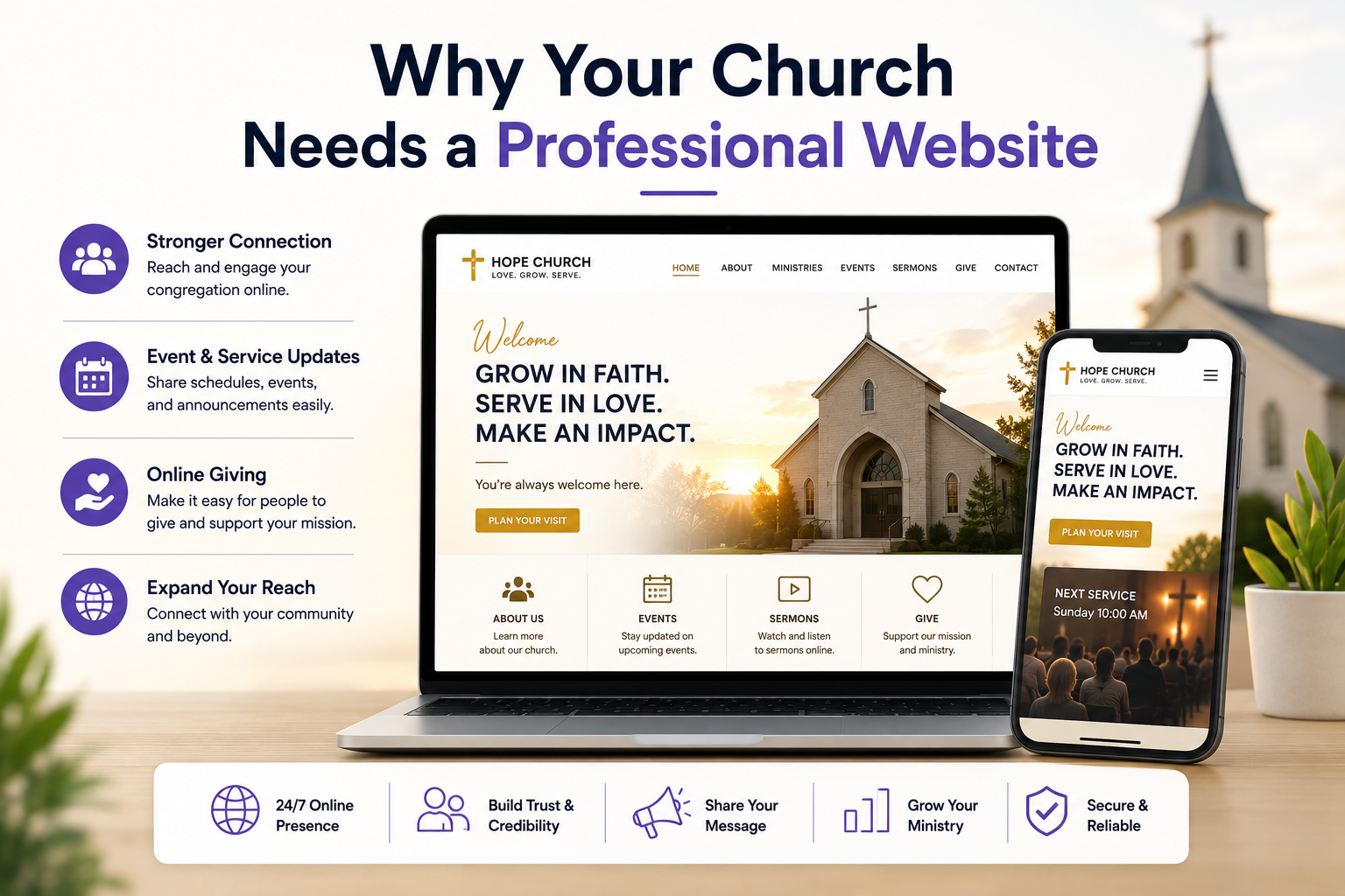 Why Your Church Needs a Professional Website Professional church website showing online services, events, online giving, congregation engagement, and expanded community reach