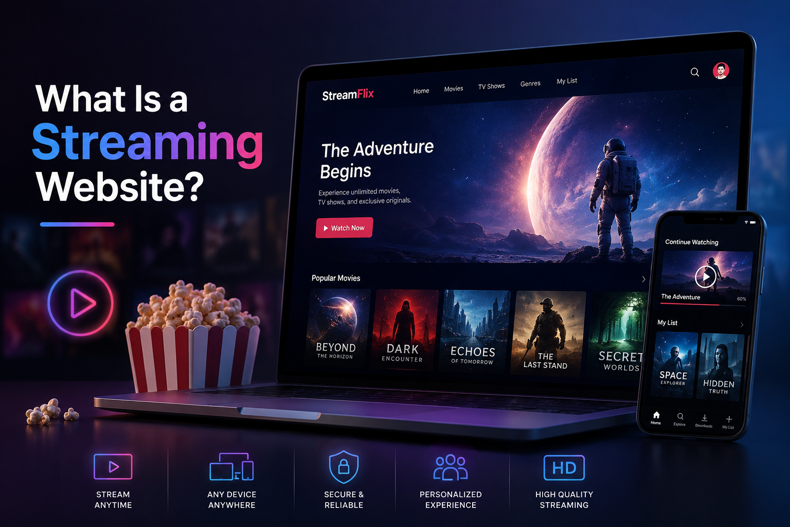 What Is a Streaming Website Streaming website showing on-demand video content across desktop and mobile devices with movies, playback, and personalized viewing
