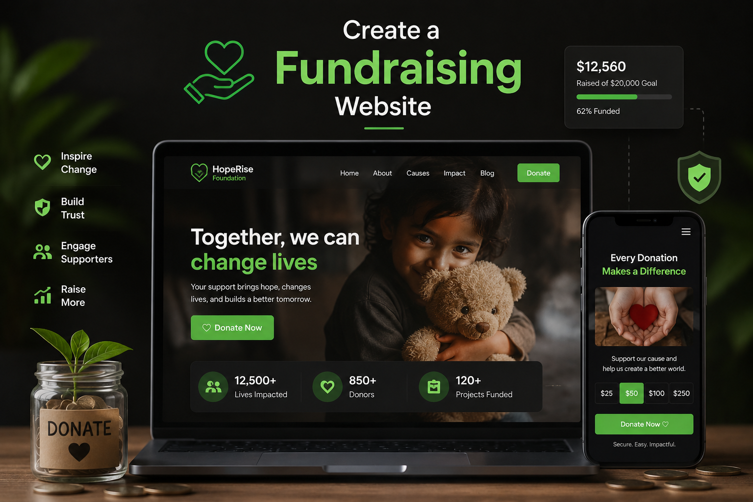 Fundraising website showing online donations, campaign progress, donor engagement, and nonprofit impact