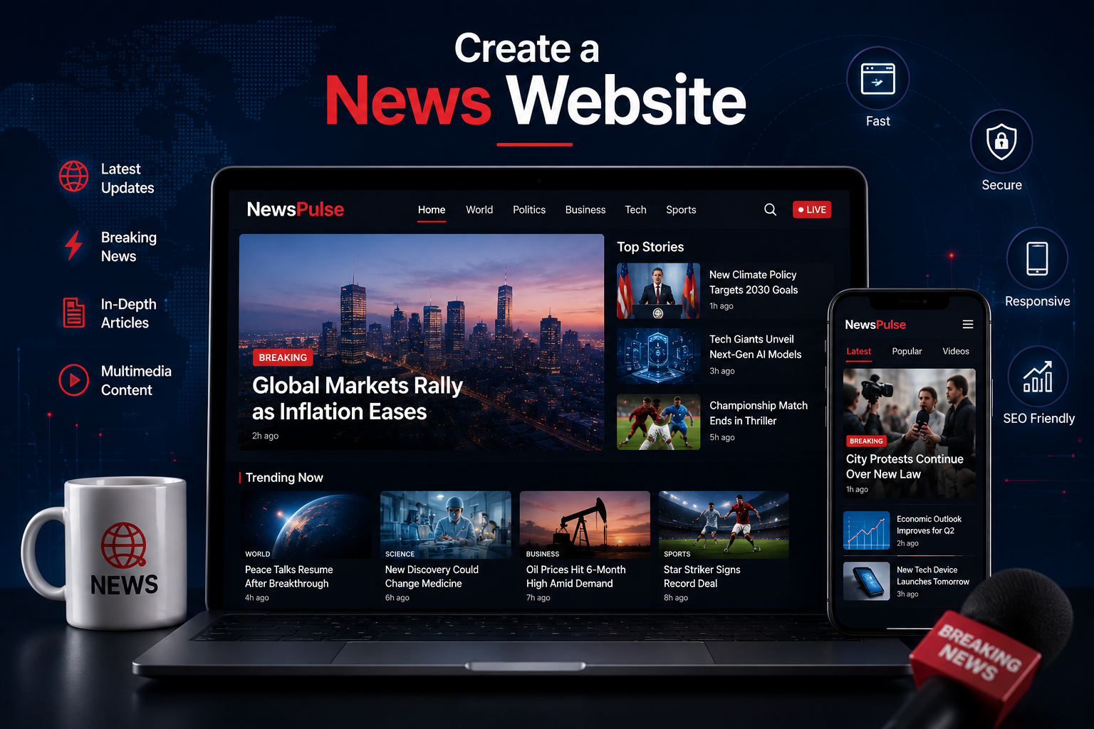 Create a News Website News website showing breaking news, latest stories, trending content, multimedia, mobile responsiveness, and SEO features