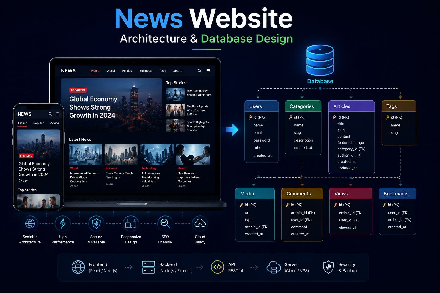 News Website Architecture and Database Design News website architecture and database design showing frontend, backend, API, database tables, responsive design, security, and cloud infrastructure